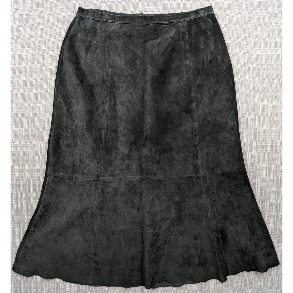 Chicos Black Suede Leather Maxi Skirt Size 3 Lined Panelled Flare A-Line 4476